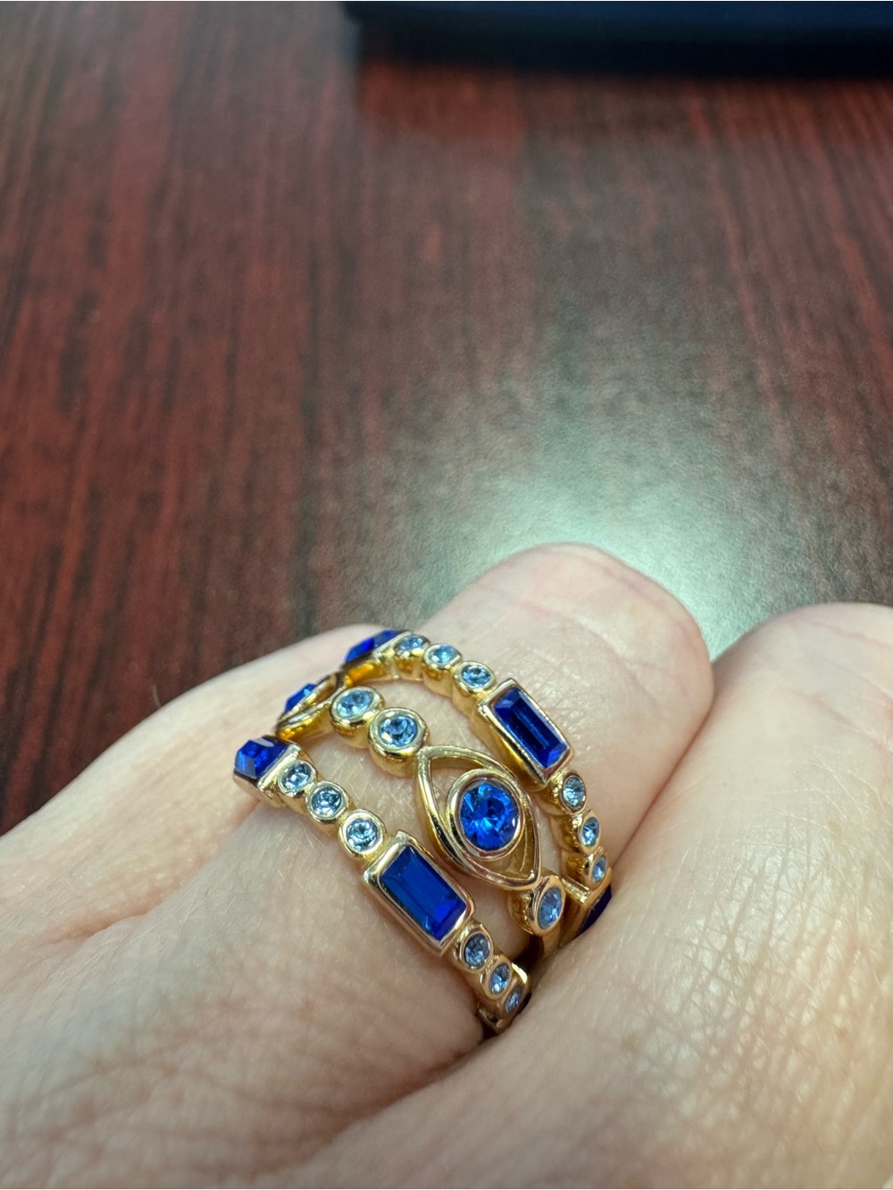 Sterling Silver with Gold overlay. Evil eye blue and gold stackable set. Size 7